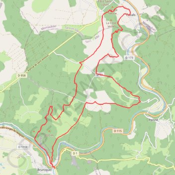 Itinéraire Bruniquel-Cazals, distance, dénivelé, altitude, carte, profil, trace GPS