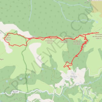 Itinéraire Sommet de Houndarète, pic des Taulères, plateau d'Ourdinse depuis Aydius, distance, dénivelé, altitude, carte, profil, trace GPS