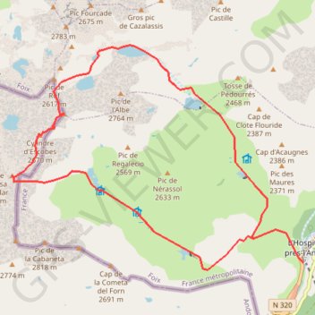 Itinéraire Pic d'Escobes depuis l'Hospitalet, distance, dénivelé, altitude, carte, profil, trace GPS
