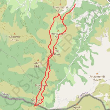 Itinéraire Mondarrain - Bizkayluze - Borne frontière R76, distance, dénivelé, altitude, carte, profil, trace GPS