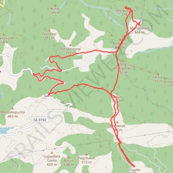 Itinéraire Usurbe, Murumendi et Atxipi en circuit depuis Garin, distance, dénivelé, altitude, carte, profil, trace GPS
