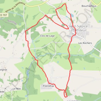 Itinéraire Les boucles la Caraque/le Ravillou - Saint-Sulpice-d'Excideuil, distance, dénivelé, altitude, carte, profil, trace GPS