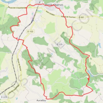 Itinéraire Penne-d'Agenais, Auradou, dans les coteaux nord du Pays de Serres - Pays de la vallée du Lot, distance, dénivelé, altitude, carte, profil, trace GPS