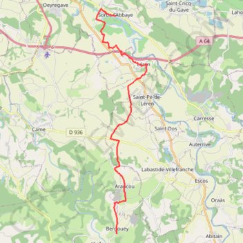 Itinéraire De Sordes-l’Abbaye à Bergouey, en suivant le GR655 et en traversant Arancou, distance, dénivelé, altitude, carte, profil, trace GPS