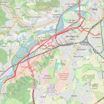 Itinéraire Vélo&Marche : Metz-Sablon - Jouy-aux-Arches, distance, dénivelé, altitude, carte, profil, trace GPS