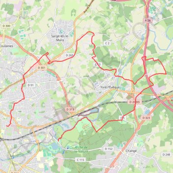 Itinéraire Changé - Yvré - Sargé - Coulaines, distance, dénivelé, altitude, carte, profil, trace GPS