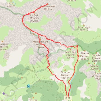 Itinéraire Mont Mounier depuis Beuil, distance, dénivelé, altitude, carte, profil, trace GPS