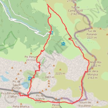 Itinéraire Pic de Sauvegarde depuis l'Hospice de France, retour par le Pas de l'Escalette et Campsaure, distance, dénivelé, altitude, carte, profil, trace GPS