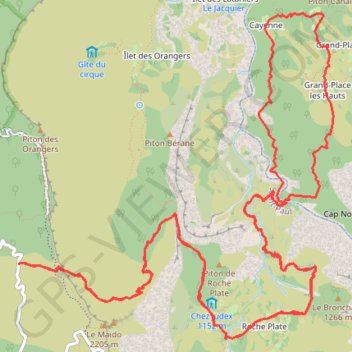 Itinéraire RandoPitons.re #1447 - Cayenne par Grand-Place et le Sentier Dacerle depuis le Maïdo et retour, distance, dénivelé, altitude, carte, profil, trace GPS