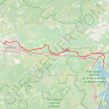 Itinéraire Carcassonne - canal de la Robine, distance, dénivelé, altitude, carte, profil, trace GPS