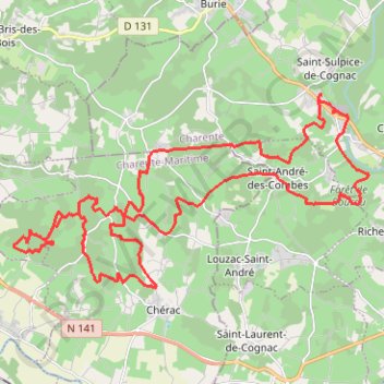 Itinéraire St Sulpice vers Cherac 39 kms, distance, dénivelé, altitude, carte, profil, trace GPS