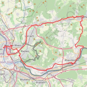Itinéraire Huningue - Weil - Riehen - Rheinfelden - Schopfheim - Lörrach - Huningue, distance, dénivelé, altitude, carte, profil, trace GPS