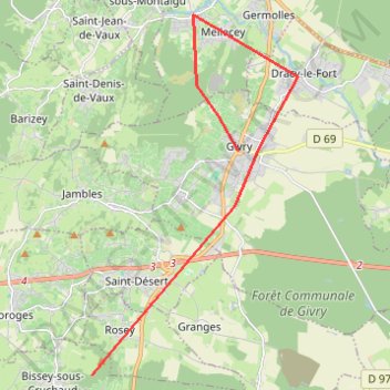 Itinéraire Jour 1 : Givry → Forêt Montagny-lès-Buxy (~20 km), distance, dénivelé, altitude, carte, profil, trace GPS