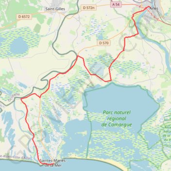 Itinéraire 02_Arles_Stes-Maries, distance, dénivelé, altitude, carte, profil, trace GPS