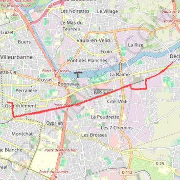 Itinéraire Villeurbanne Décines, distance, dénivelé, altitude, carte, profil, trace GPS