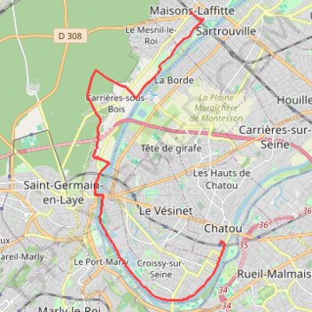 Itinéraire De Chatou à Maison-Laffitte, distance, dénivelé, altitude, carte, profil, trace GPS