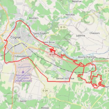 Itinéraire Cognac Mainxe, distance, dénivelé, altitude, carte, profil, trace GPS