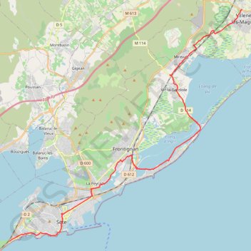 Itinéraire 35 villeneuve - sete 33, distance, dénivelé, altitude, carte, profil, trace GPS