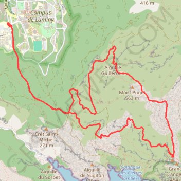 Itinéraire Luminy-Guillemin-Puget-Candelle, distance, dénivelé, altitude, carte, profil, trace GPS