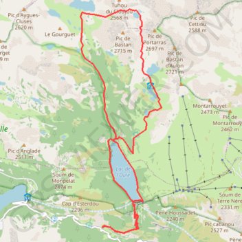 Itinéraire Lac de L'oule - Pic de Bastan, distance, dénivelé, altitude, carte, profil, trace GPS