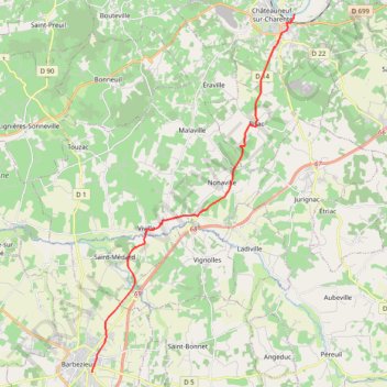 Itinéraire Barbezieux vers Chateau neuf 20 kms Scandibérique, distance, dénivelé, altitude, carte, profil, trace GPS