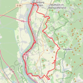 Itinéraire Chalampé - Auggen - Fischingen - Bad Bellingen - Chalampé, distance, dénivelé, altitude, carte, profil, trace GPS