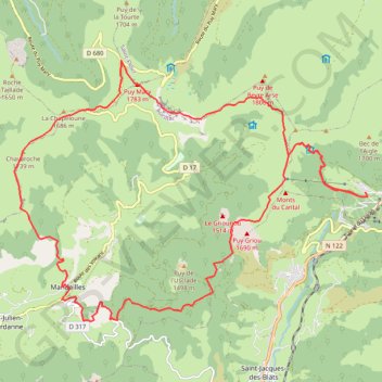 Itinéraire Les crêtes du Cantal - Le Lioran, distance, dénivelé, altitude, carte, profil, trace GPS
