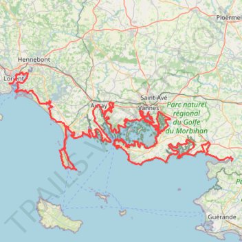 Itinéraire Le sentier des douaniers GR 34 entre Lorient et Arzal, distance, dénivelé, altitude, carte, profil, trace GPS