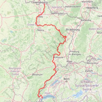 Itinéraire GR5 de Schengen (Luxembourg) à Nyon, distance, dénivelé, altitude, carte, profil, trace GPS